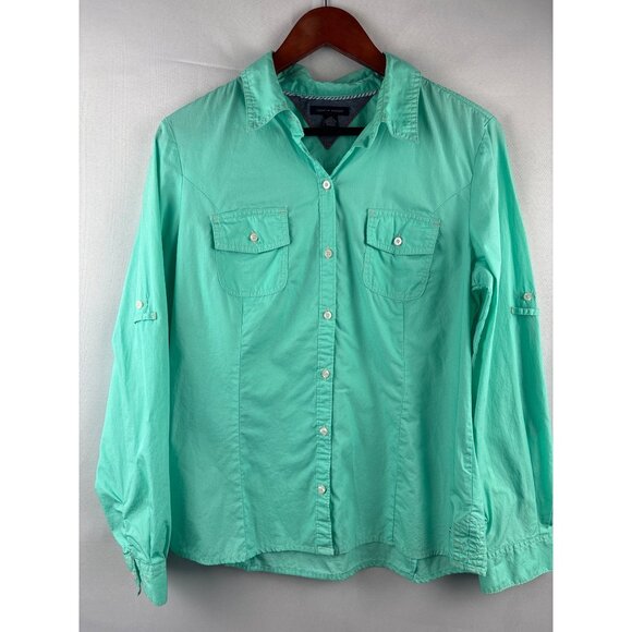 Tommy Hilfiger Womens Green Button-Down Shirt L 100% Cotton Long Sleeve Collared - Picture 1 of 6